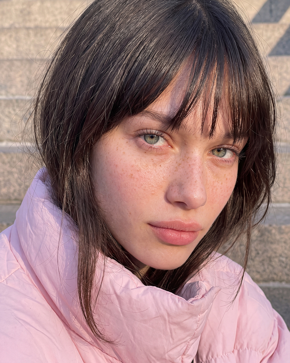bangs pink jacket steps